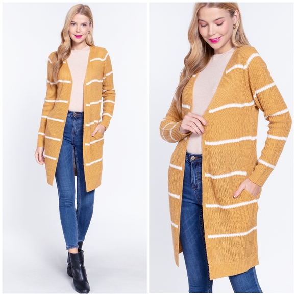 LAST 1❗️Cozy Chic Ochre Striped Longline Open Cardigan - Picture 1 of 7